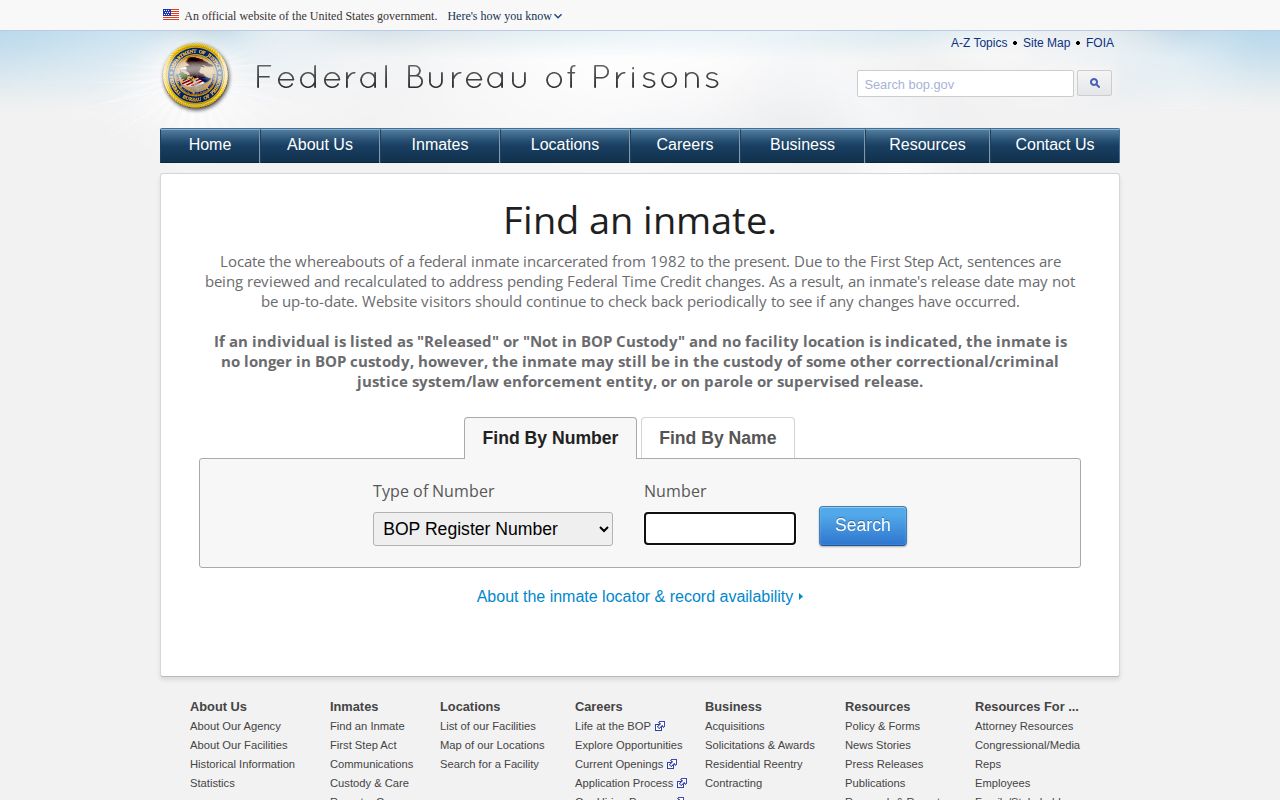 Federal Bureau of Prisons locator for custody searches separate from Lincoln County bookings