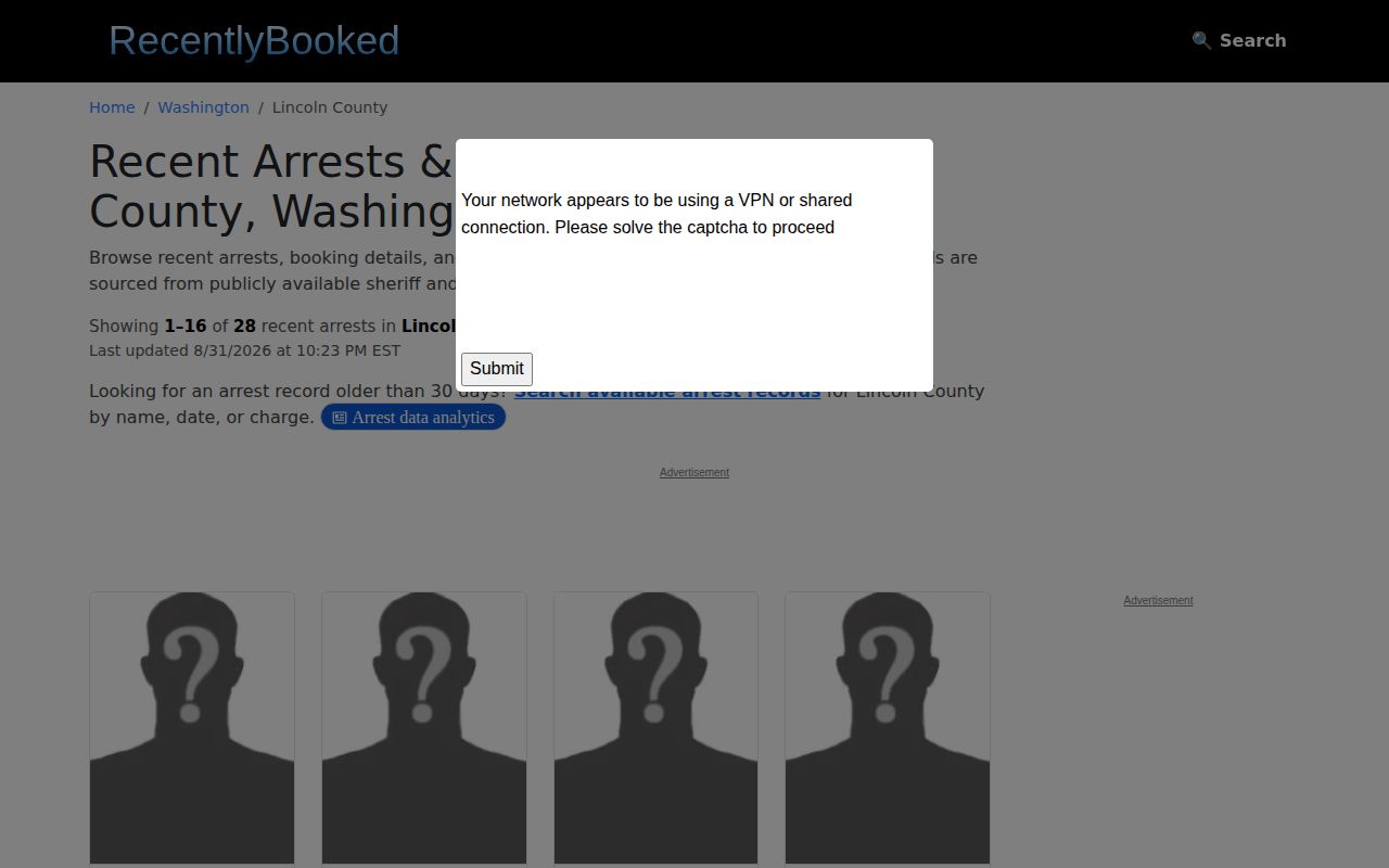 Unofficial Lincoln County booking landscape source for comparison with official records