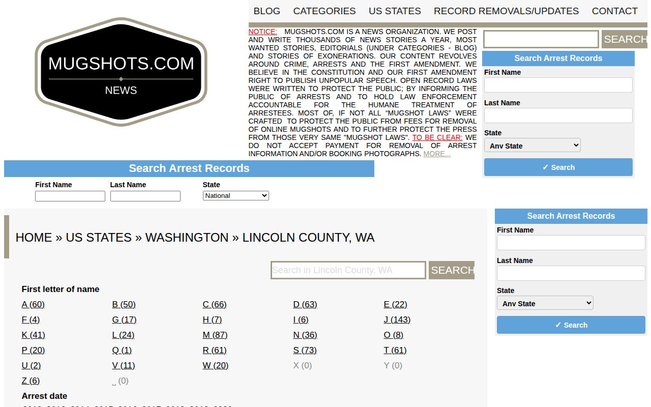 Historic unofficial Lincoln County booking archive distinguished from current custody records