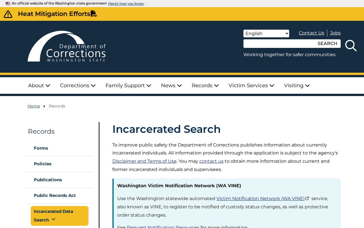 Washington DOC current-custody search for Lincoln County record research